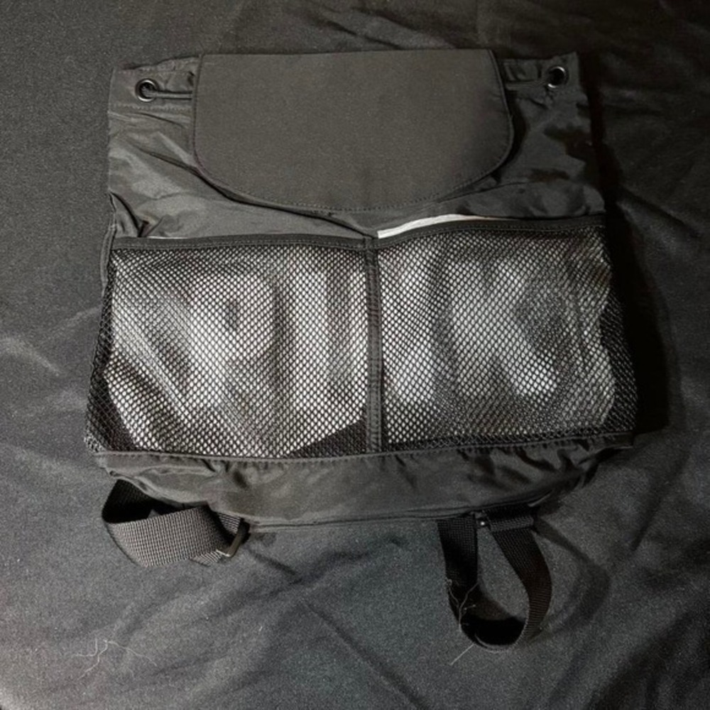 Victorias Secret PINK Black Nylon Drawstring Backpack Mesh Pocket‎ NWT